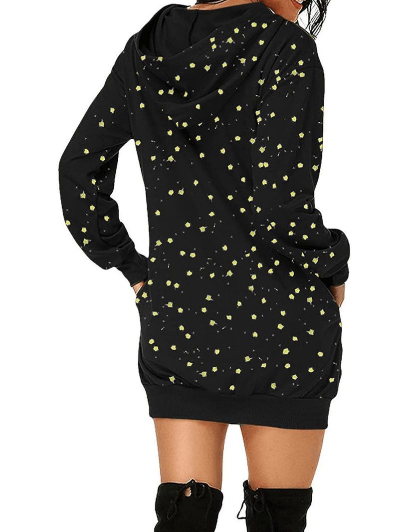 Kvinnor Jul Cartoon Pattern Pocket Med Tryck Star Spot Långärmad Hooded Sweatshirt