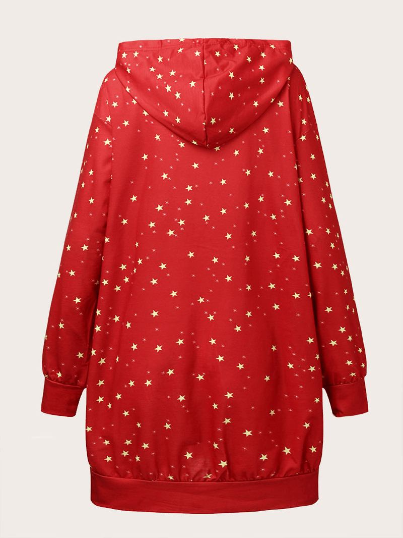 Kvinnor Jul Cartoon Pattern Pocket Med Tryck Star Spot Långärmad Hooded Sweatshirt