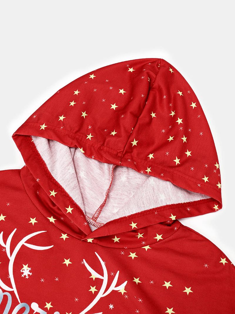 Kvinnor Jul Cartoon Pattern Pocket Med Tryck Star Spot Långärmad Hooded Sweatshirt