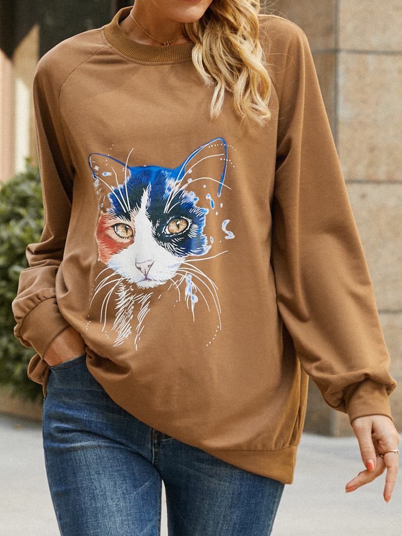 Kvinnor Katt Med Tryck Enfärgad Rund Hals Casual Lös Pullover Sweatshirt