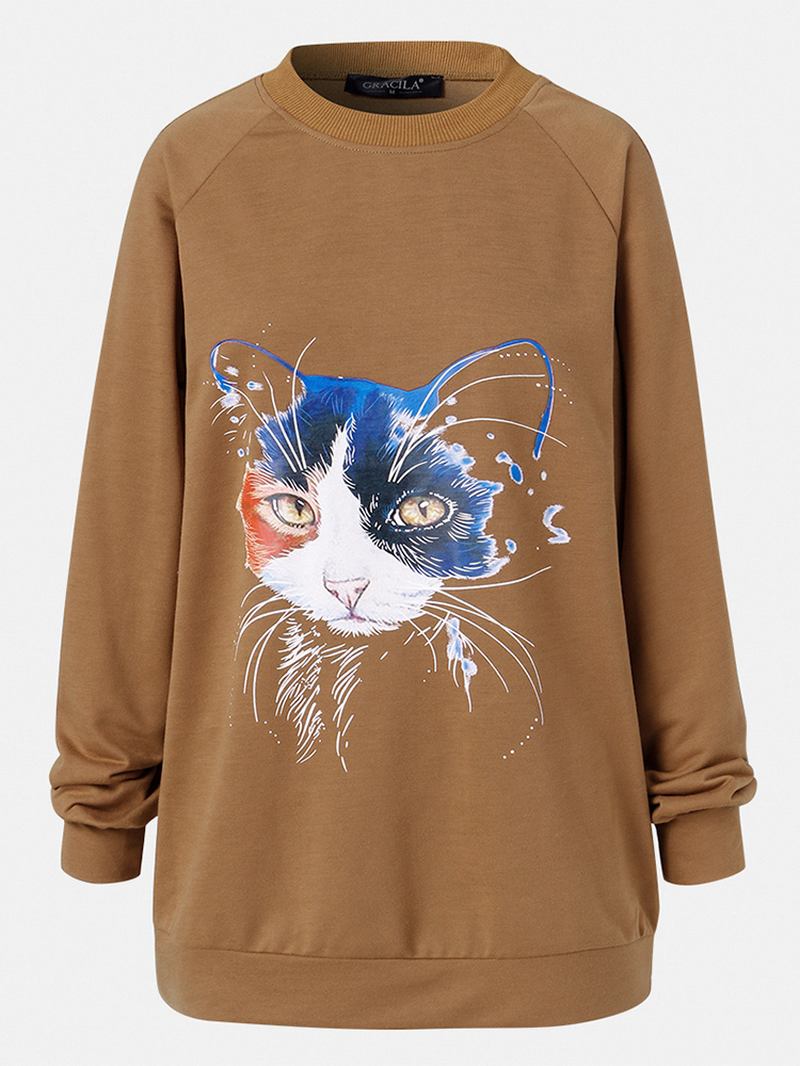 Kvinnor Katt Med Tryck Enfärgad Rund Hals Casual Lös Pullover Sweatshirt