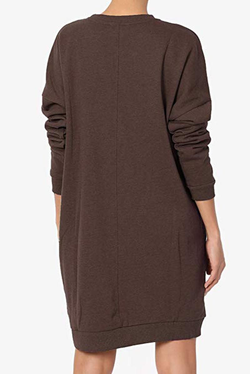 Kvinnor Långärmad Crew Neck Solid Pullover Lös Hoodie Sweatshirt Dress