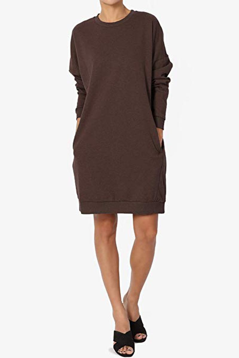 Kvinnor Långärmad Crew Neck Solid Pullover Lös Hoodie Sweatshirt Dress