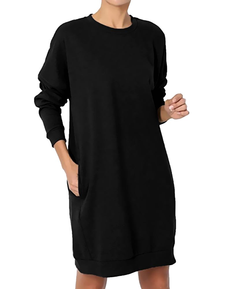 Kvinnor Långärmad Crew Neck Solid Pullover Lös Hoodie Sweatshirt Dress