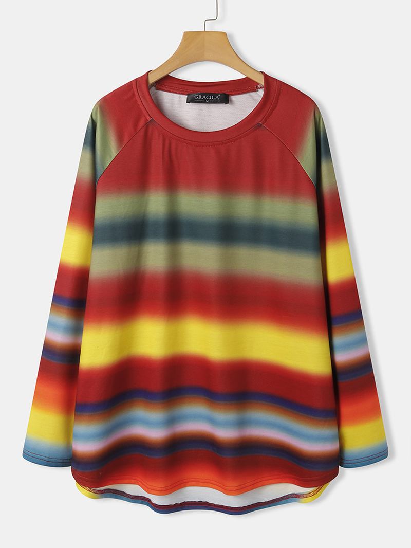 Kvinnor Multi Färg Ombre Randig O-hals Raglan Ärmar Casual Sweatshirts