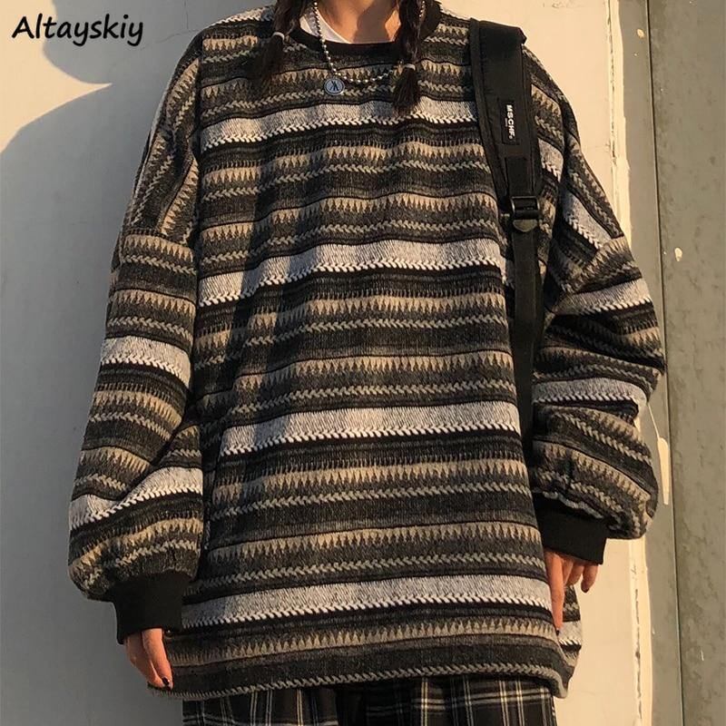 Kvinnor Oversize Ulzzang Bf Unisex-par Japansk Randig Stickad Tröja Hiphop Kvinna Nytt Vintermode