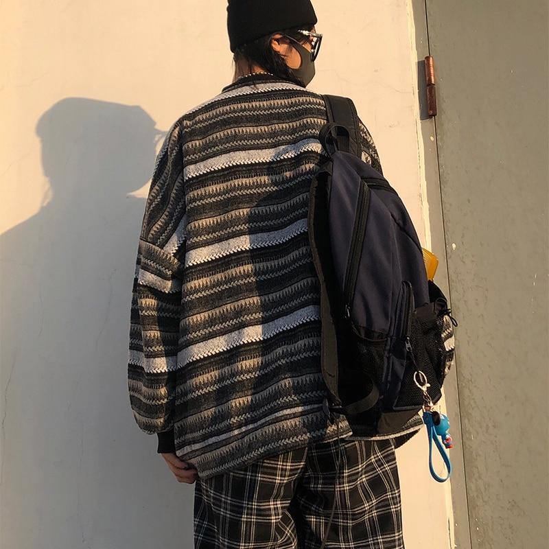 Kvinnor Oversize Ulzzang Bf Unisex-par Japansk Randig Stickad Tröja Hiphop Kvinna Nytt Vintermode