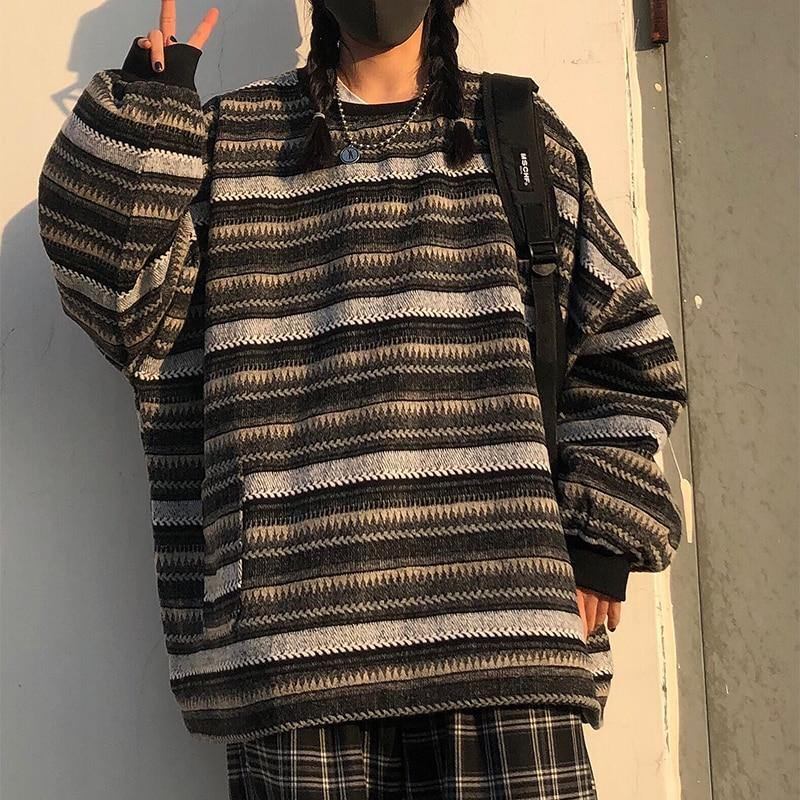 Kvinnor Oversize Ulzzang Bf Unisex-par Japansk Randig Stickad Tröja Hiphop Kvinna Nytt Vintermode