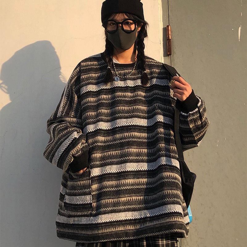 Kvinnor Oversize Ulzzang Bf Unisex-par Japansk Randig Stickad Tröja Hiphop Kvinna Nytt Vintermode