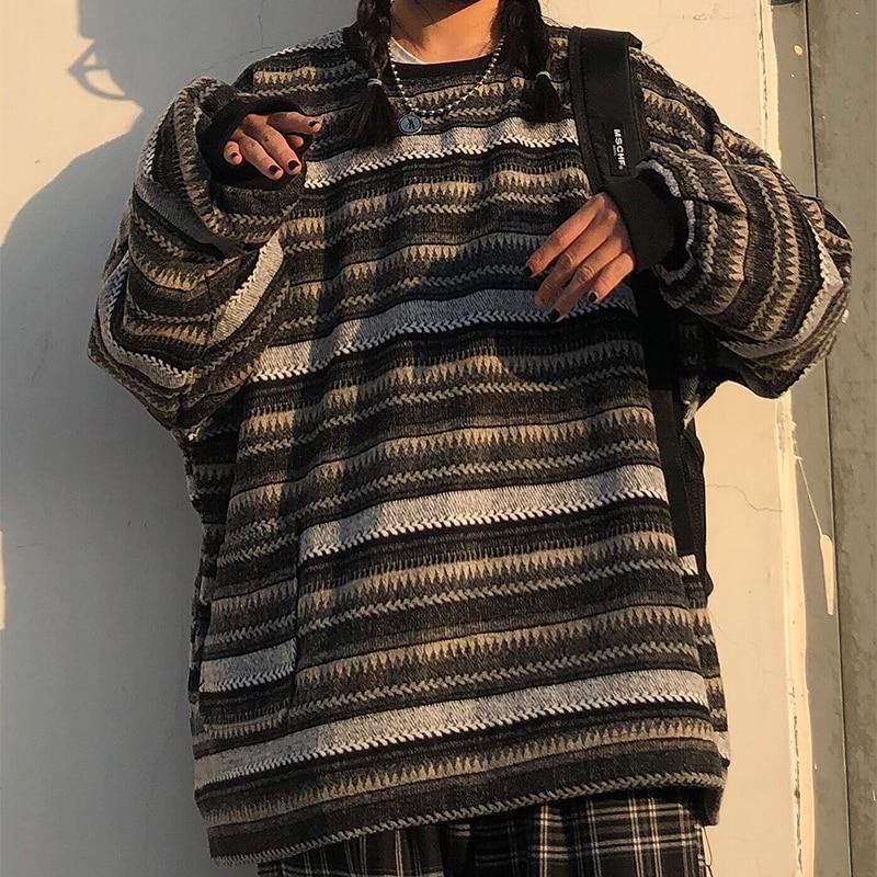 Kvinnor Oversize Ulzzang Bf Unisex-par Japansk Randig Stickad Tröja Hiphop Kvinna Nytt Vintermode