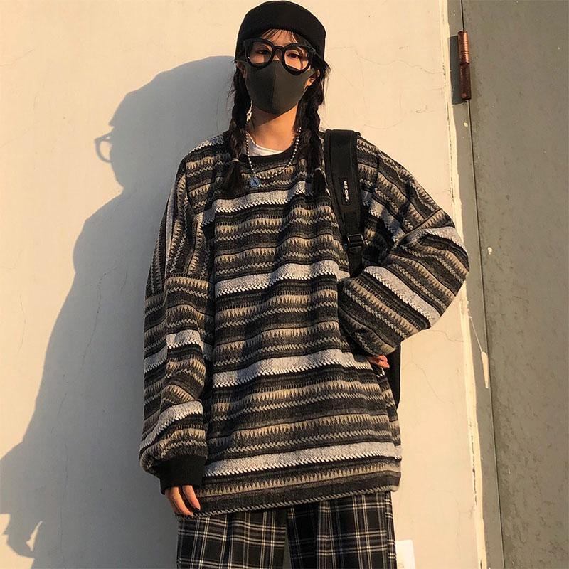 Kvinnor Oversize Ulzzang Bf Unisex-par Japansk Randig Stickad Tröja Hiphop Kvinna Nytt Vintermode