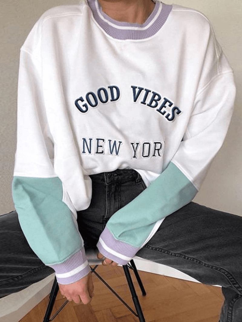 Kvinnor Slogan Med Tryck Patchwork Stickning Rund Neck Pullover Drop Shoulder Sweatshirt