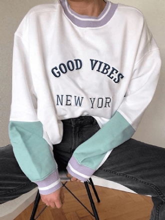 Kvinnor Slogan Med Tryck Patchwork Stickning Rund Neck Pullover Drop Shoulder Sweatshirt