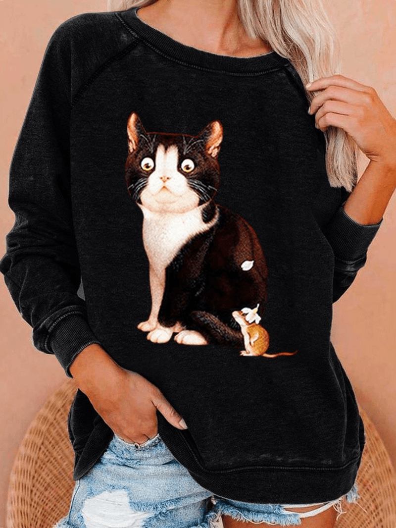 Kvinnor Söt Katt Grafik Rundhalsad Casual Raglan Sleeve Sweatshirts