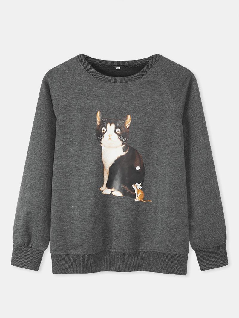 Kvinnor Söt Katt Grafik Rundhalsad Casual Raglan Sleeve Sweatshirts