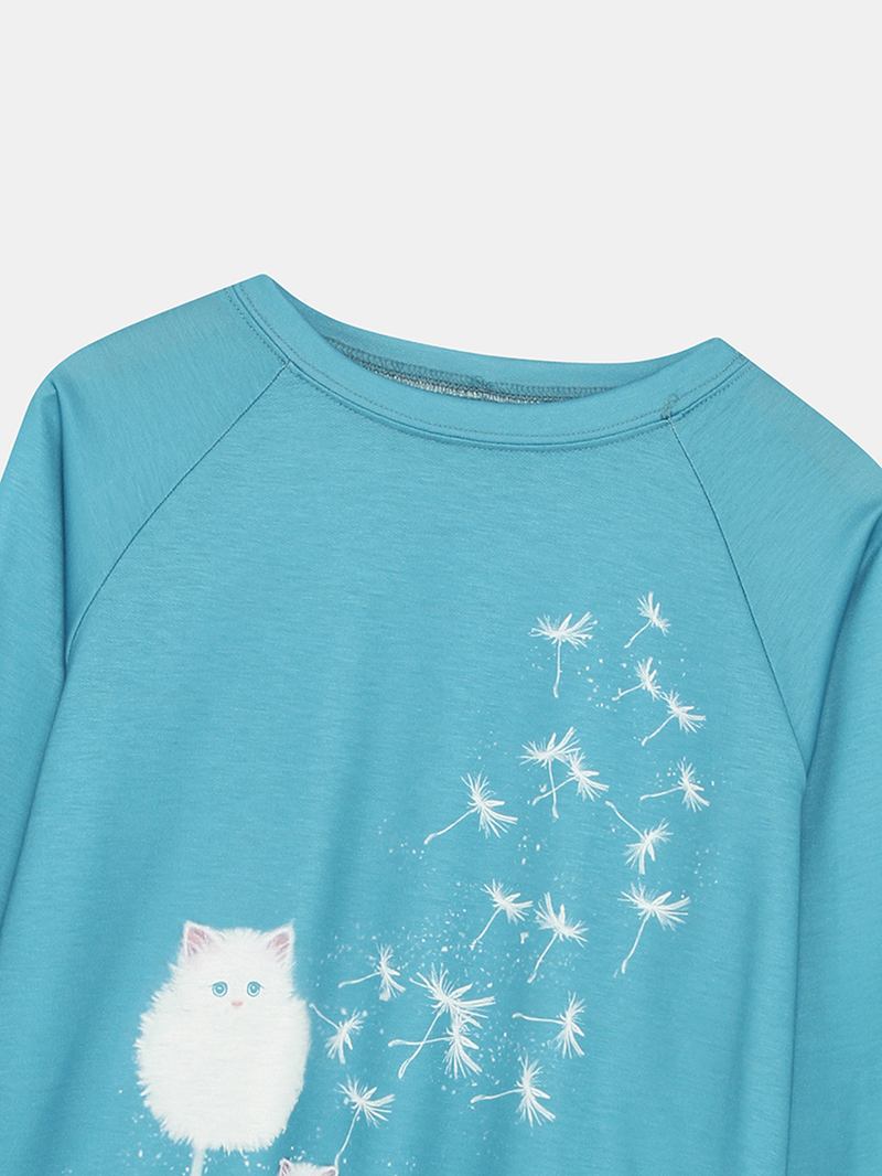 Kvinnor Söt Katt Maskrosor Med Tryck Rund Hals Långärmad Casual Sweatshirt