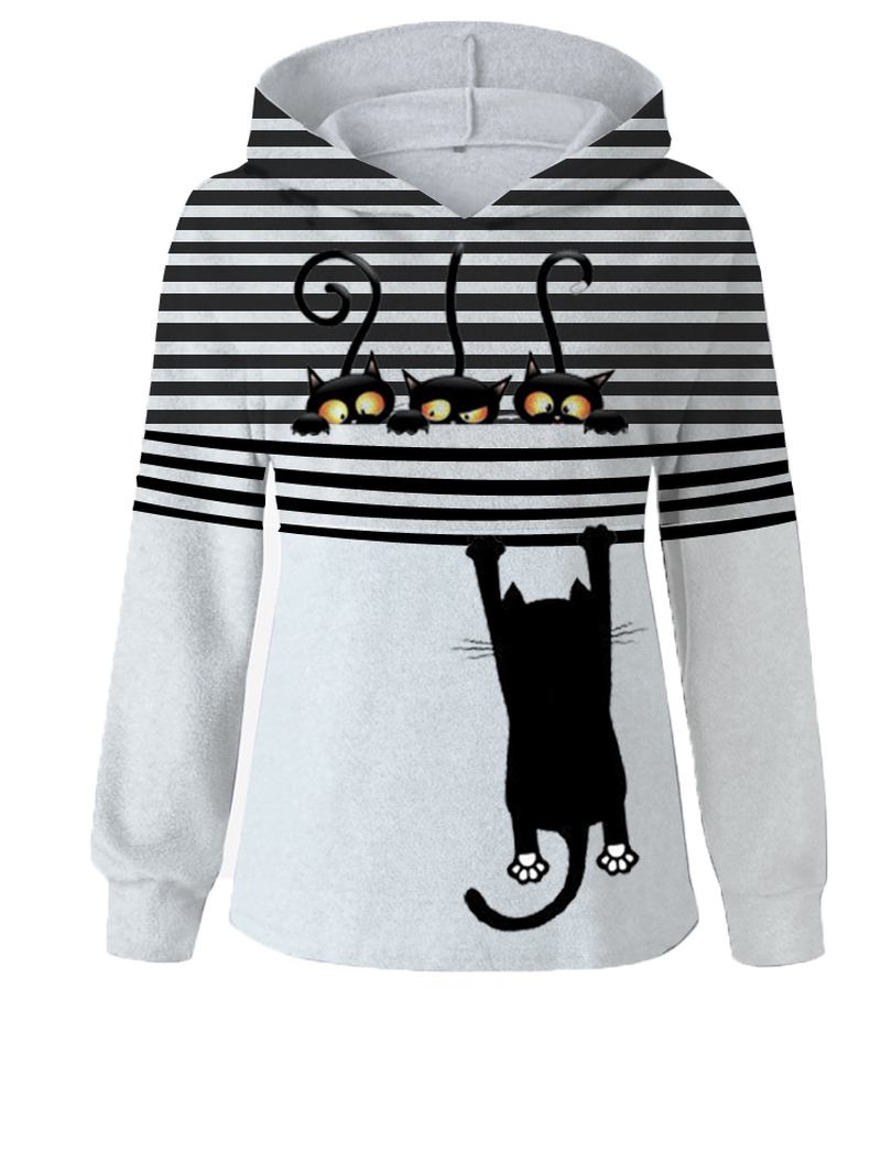 Kvinnor Tecknad Katt Stripe Med Tryck Daily Casual Långärmade Hoodies