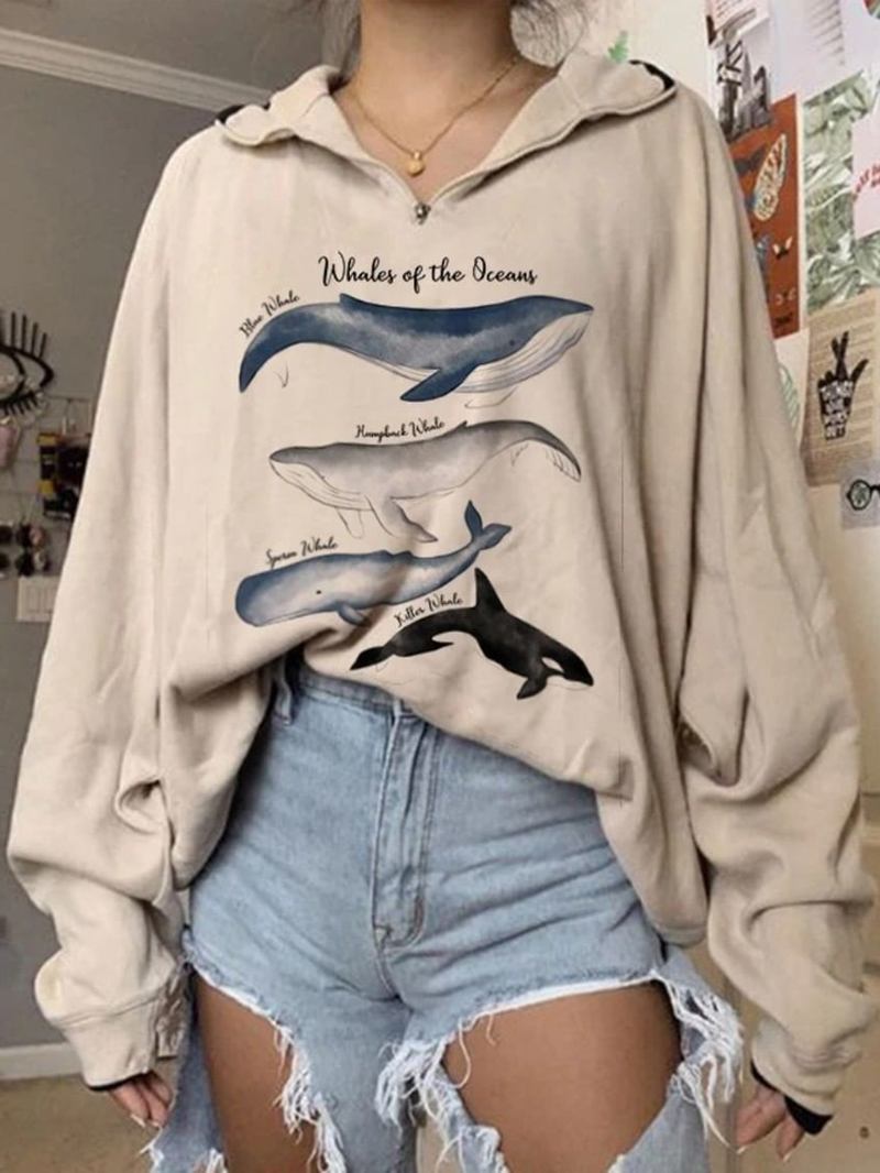 Kvinnor Variety Whale Med Tryck Loose Pullover Långärmade Sweatshirts