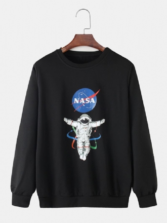 Män Astronaut Brevutskrift Bomull Crew Neck Casual Sweatshirts