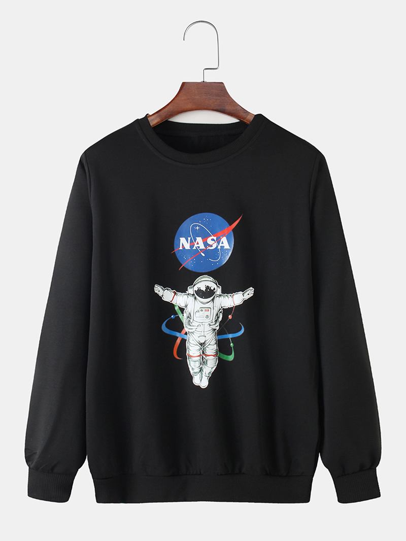 Män Astronaut Brevutskrift Bomull Crew Neck Casual Sweatshirts