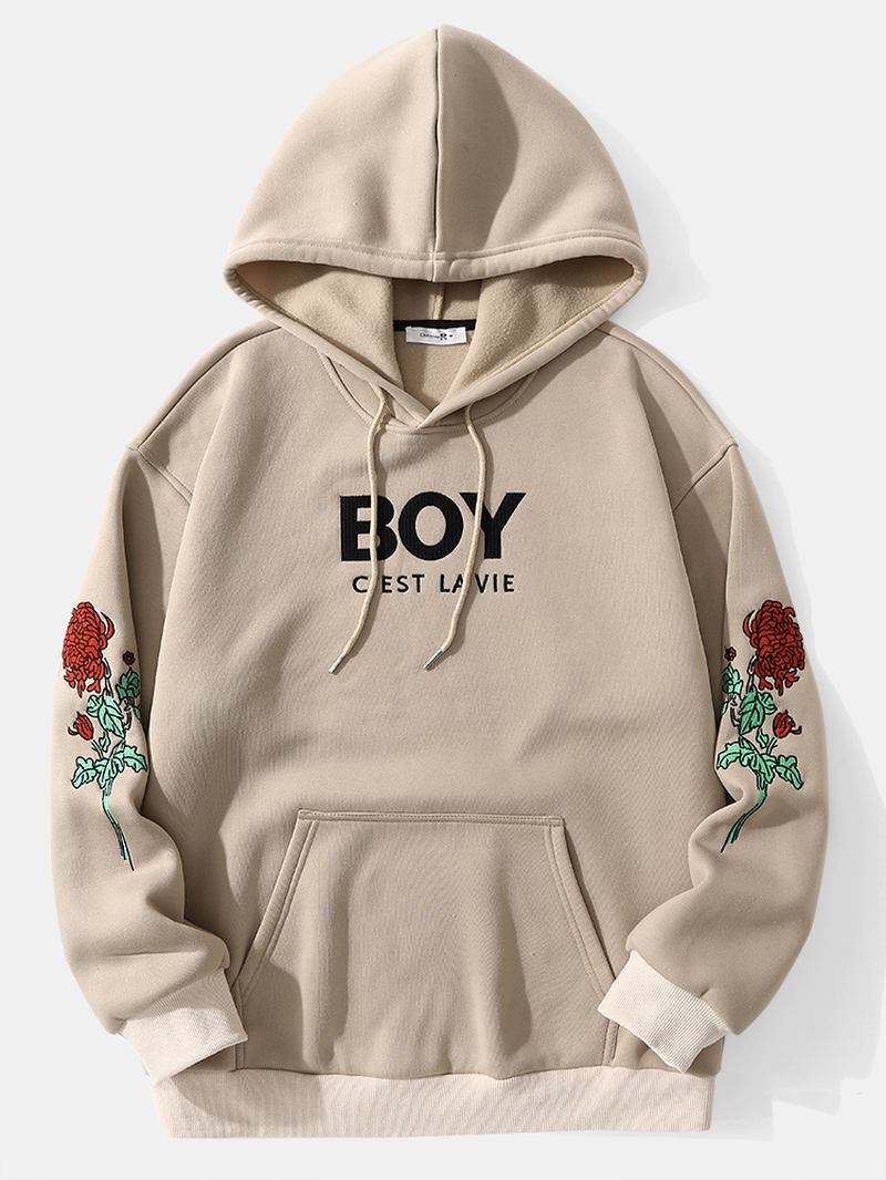 Män Broderi Blomma Tryck Letter Kangaroo Pocket Dragsko Casual Hood Sweatshirt