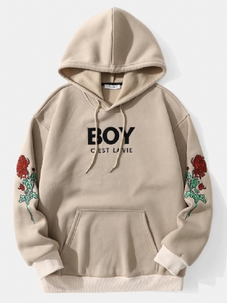 Män Broderi Blomma Tryck Letter Kangaroo Pocket Dragsko Casual Hood Sweatshirt