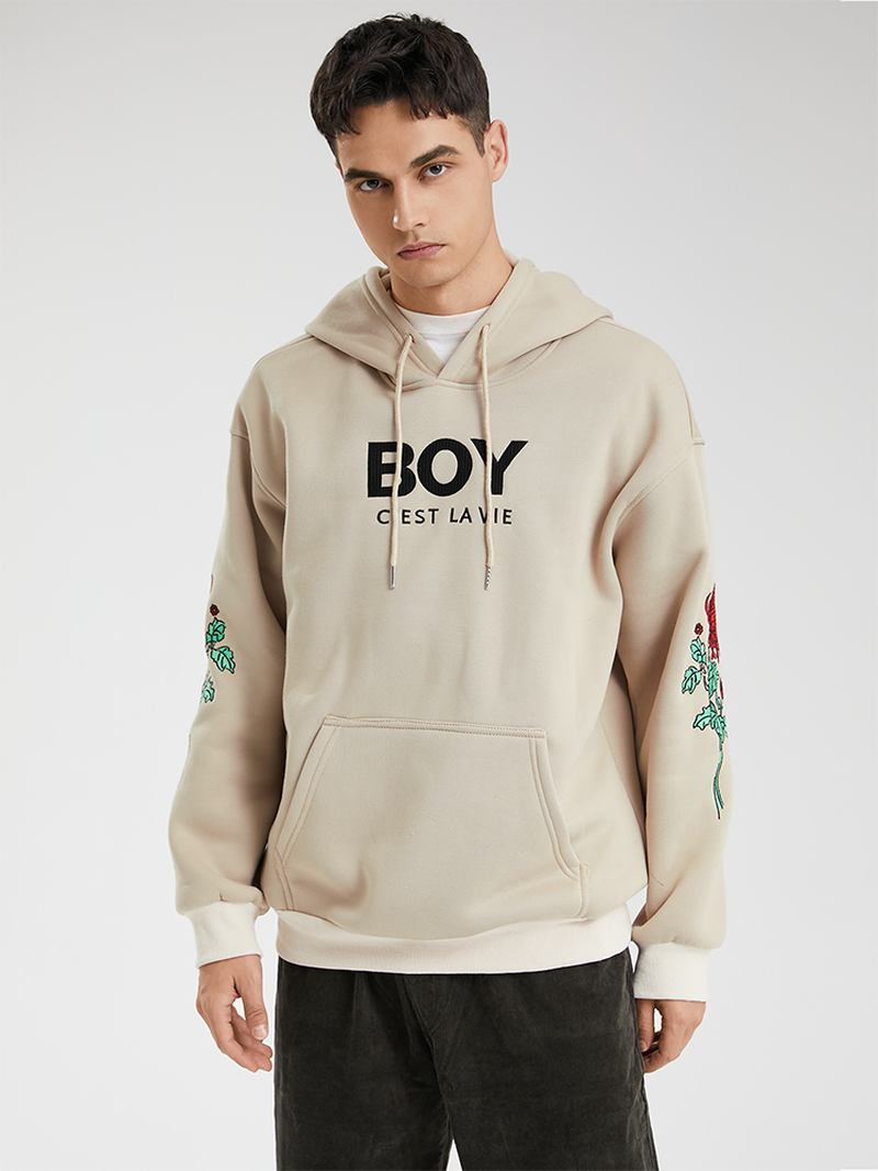 Män Broderi Blomma Tryck Letter Kangaroo Pocket Dragsko Casual Hood Sweatshirt