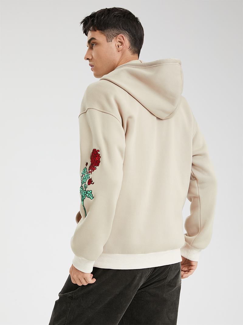 Män Broderi Blomma Tryck Letter Kangaroo Pocket Dragsko Casual Hood Sweatshirt