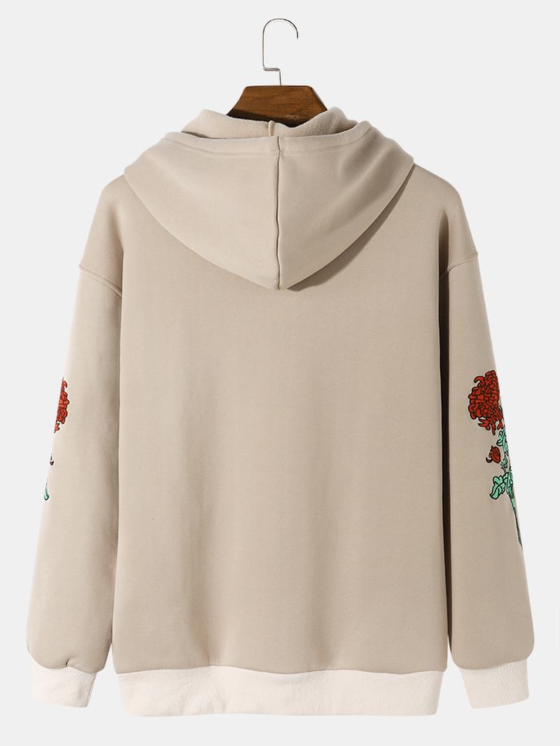 Män Broderi Blomma Tryck Letter Kangaroo Pocket Dragsko Casual Hood Sweatshirt