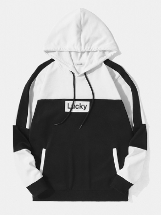 Män Lucky Letter Patchwork Fickor Dragsko Casual Hood Sweatshirt