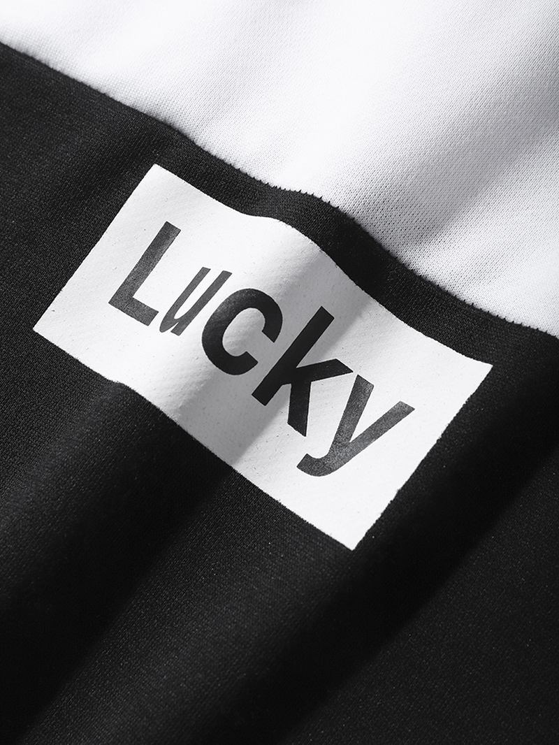 Män Lucky Letter Patchwork Fickor Dragsko Casual Hood Sweatshirt