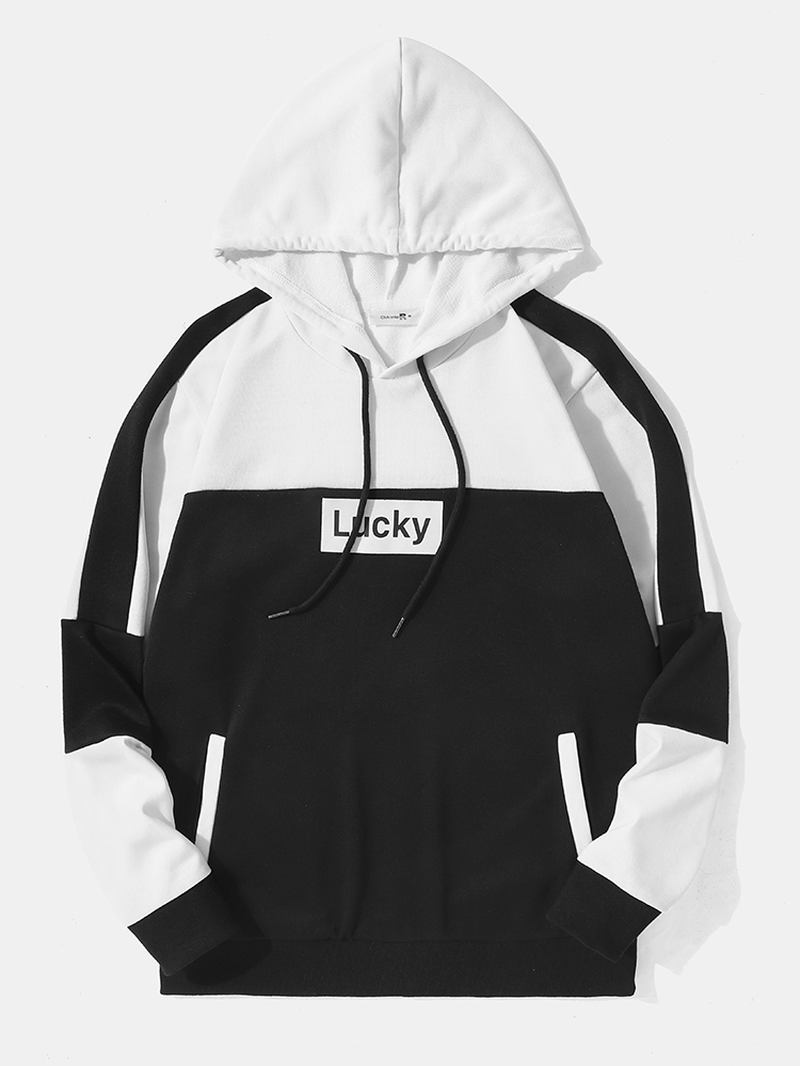 Män Lucky Letter Patchwork Fickor Dragsko Casual Hood Sweatshirt