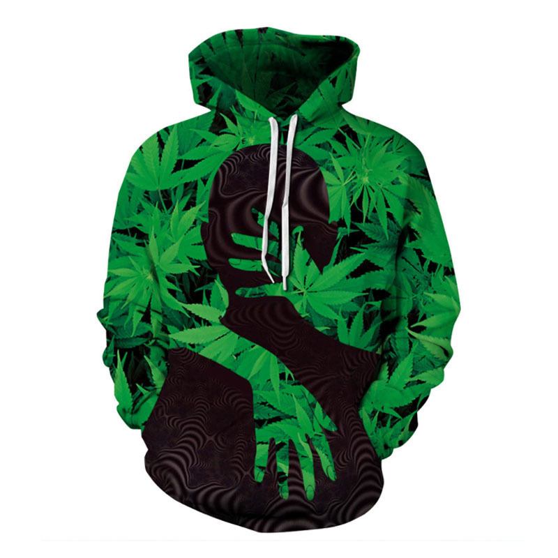 Män Mode Grön Big Leaf Hoodie