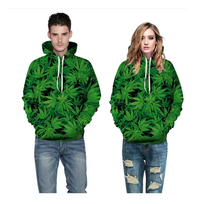 Män Mode Grön Big Leaf Hoodie