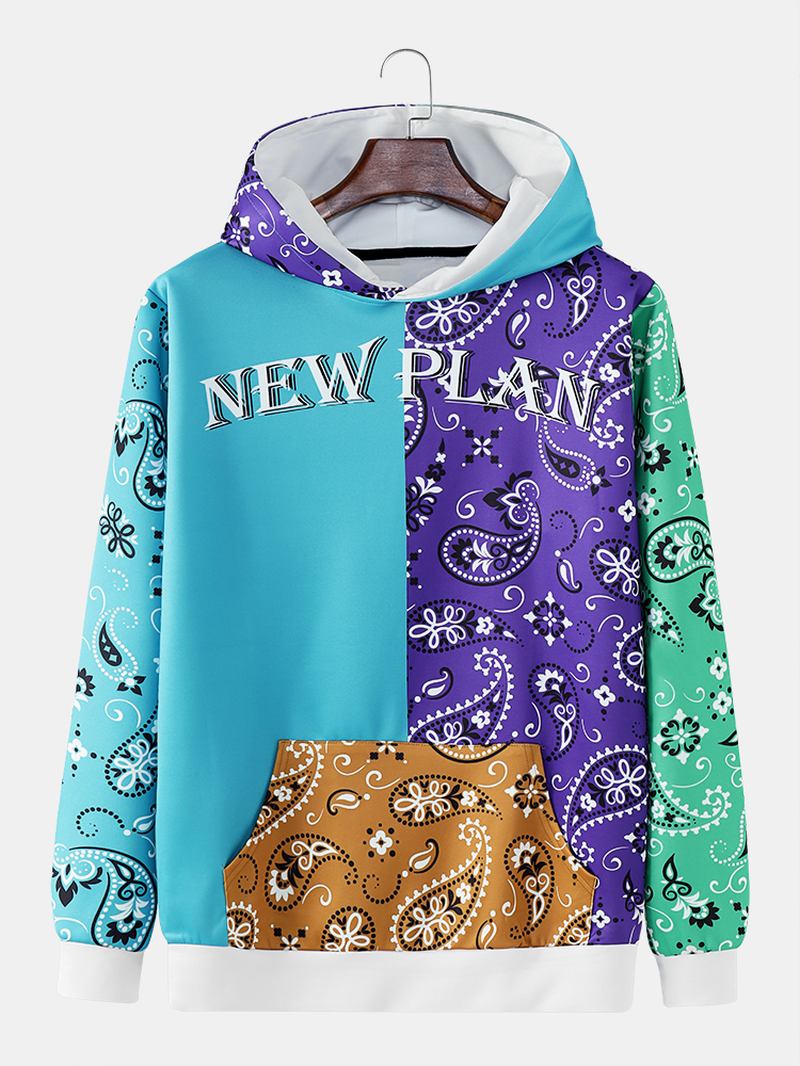 Män Paisley Patchwork Kontrastfärg Kangaroo Pocket Letter Hooded Sweatshirt