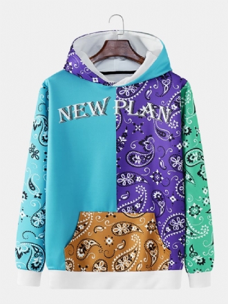 Män Paisley Patchwork Kontrastfärg Kangaroo Pocket Letter Hooded Sweatshirt