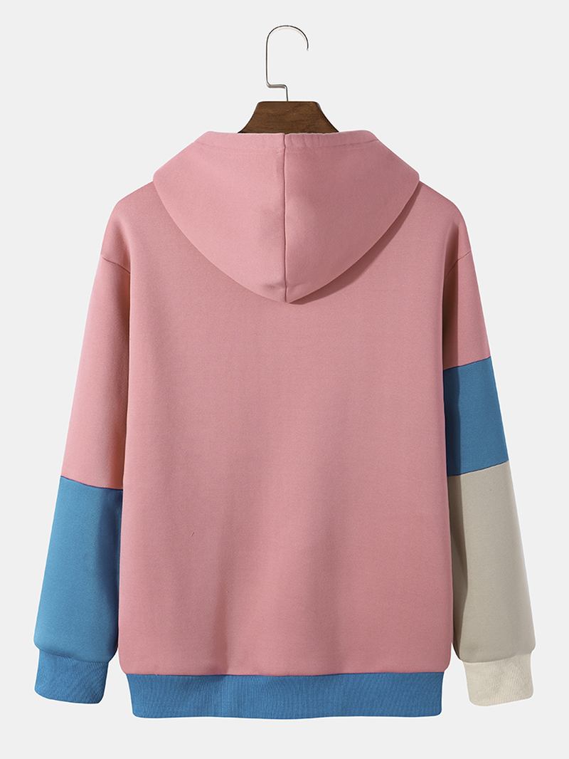 Män Patchwork Kontrast Färg Block Letter Dragsko Hood Sweatshirt