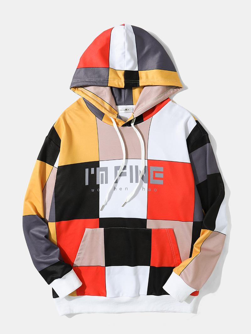 Män Pläd Patchwork Kontrast Färg Block Dragsko Letter Hooded Sweatshirts