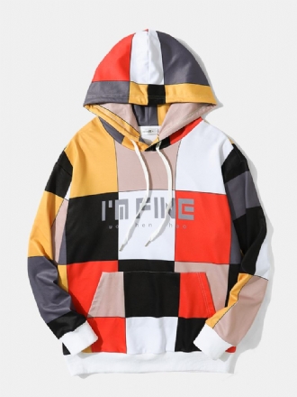 Män Pläd Patchwork Kontrast Färg Block Dragsko Letter Hooded Sweatshirts