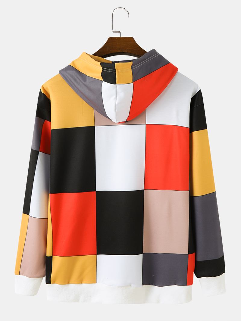 Män Pläd Patchwork Kontrast Färg Block Dragsko Letter Hooded Sweatshirts