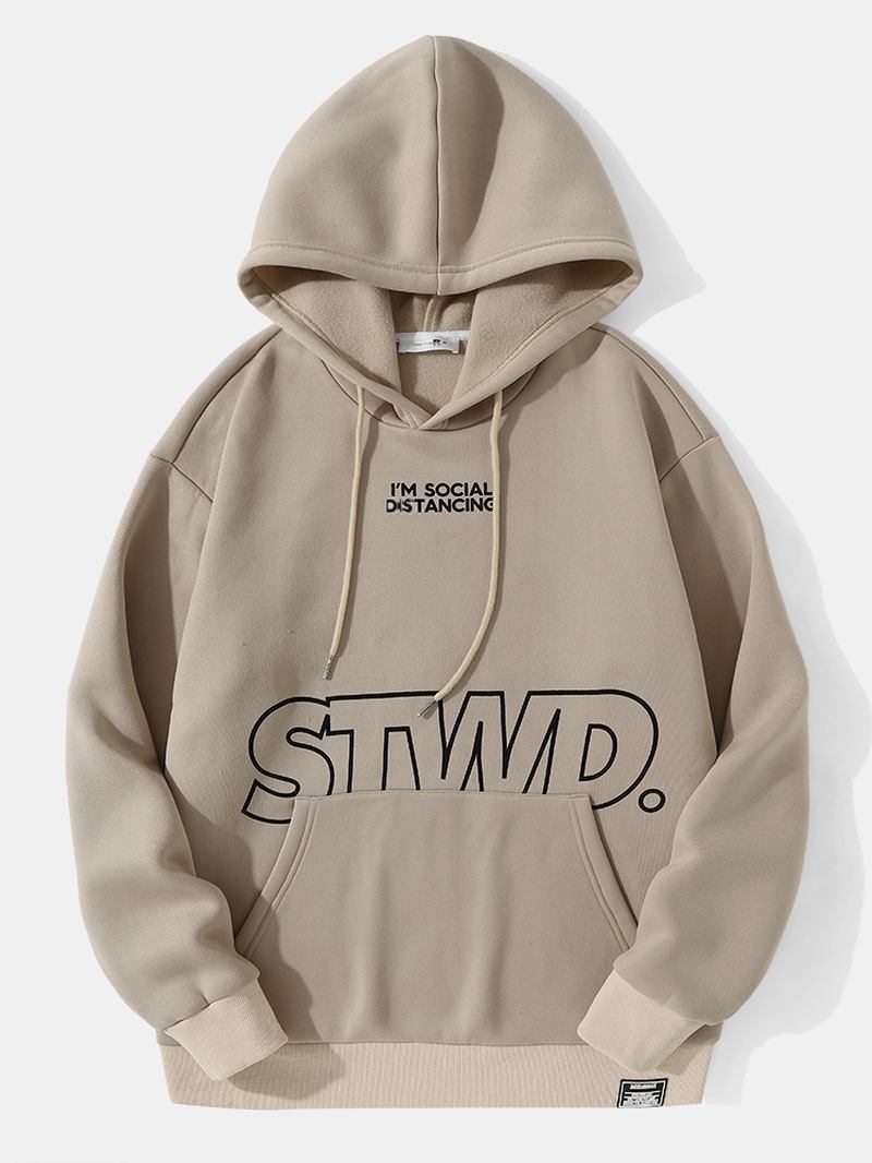 Män Solid Letter Kangaroo Pocket Dragsko Hood Sweatshirt