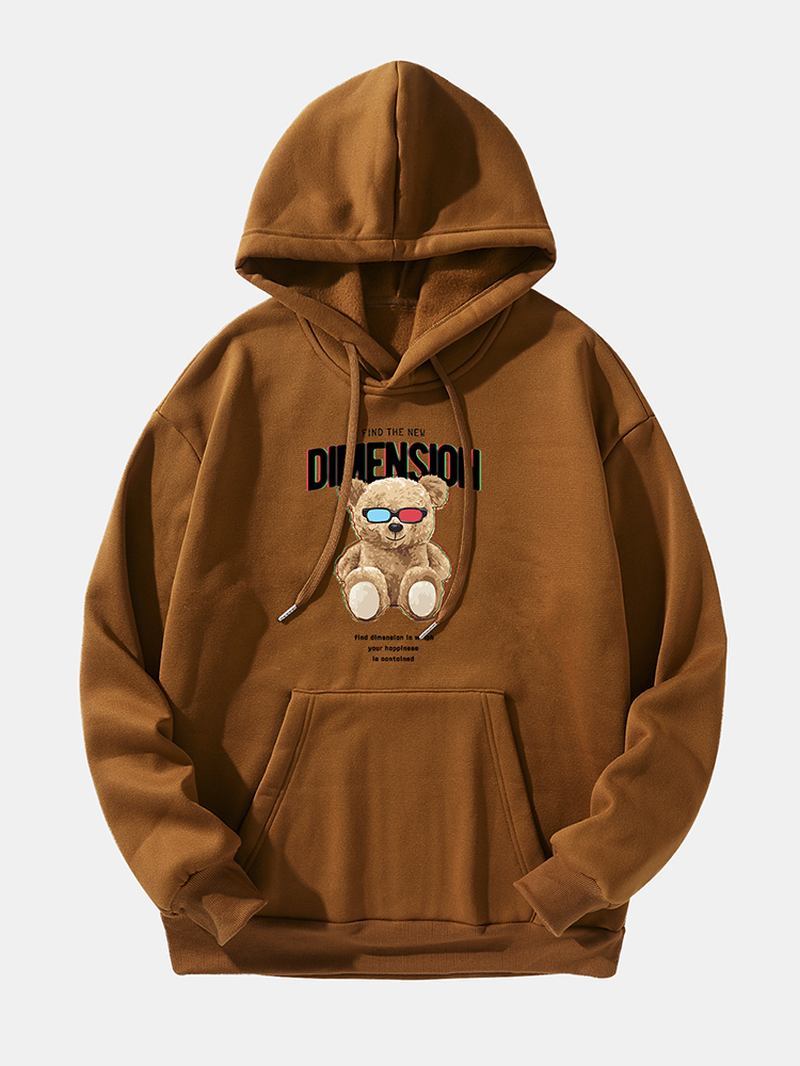 Män Teddy Bear Letter Tryckt Drop Shoulder Kangaroo Pocket Hooded Sweatshirt