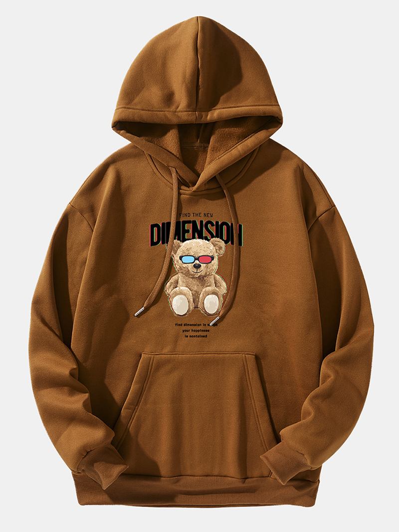 Män Teddy Bear Letter Tryckt Drop Shoulder Kangaroo Pocket Hooded Sweatshirt