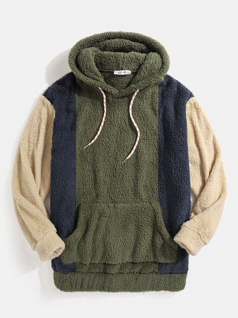 Män Teddy Patchwork Färg Block Dragsko Casual Hood Sweatshirt