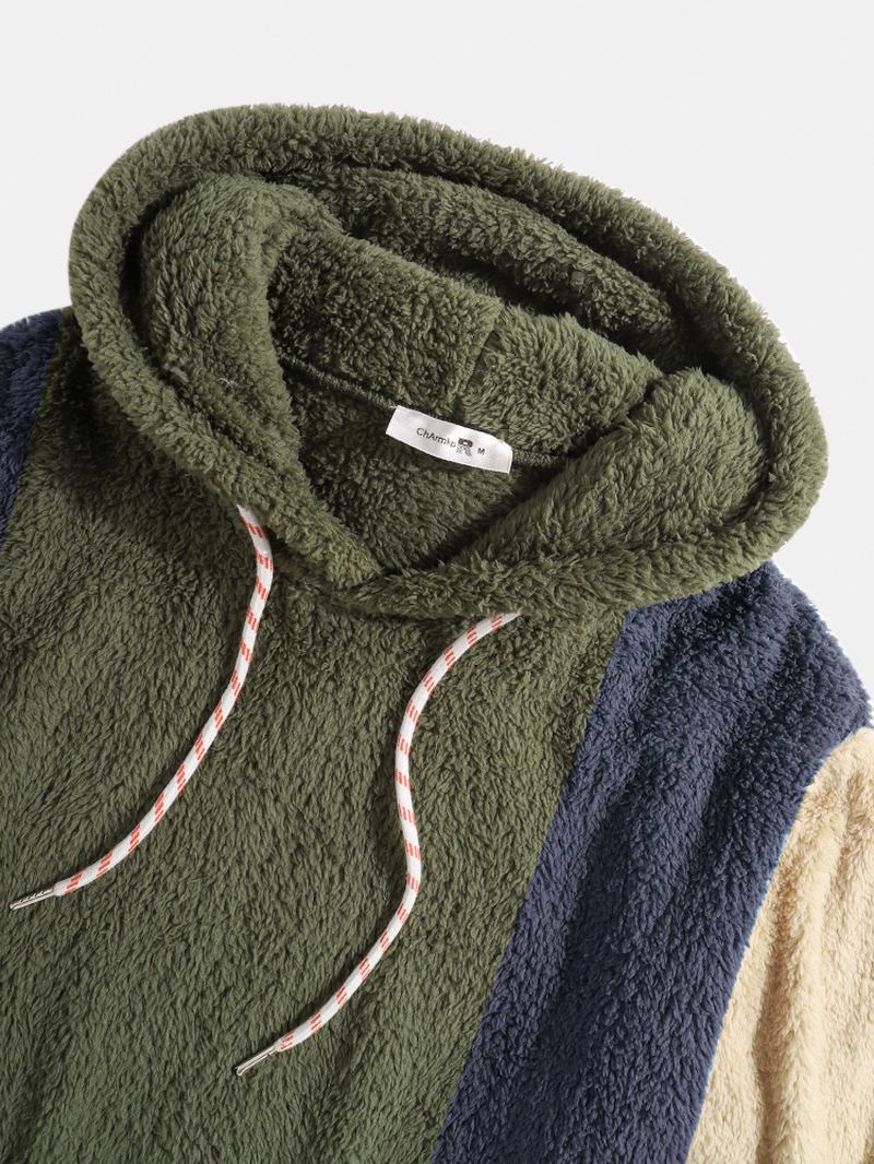 Män Teddy Patchwork Färg Block Dragsko Casual Hood Sweatshirt