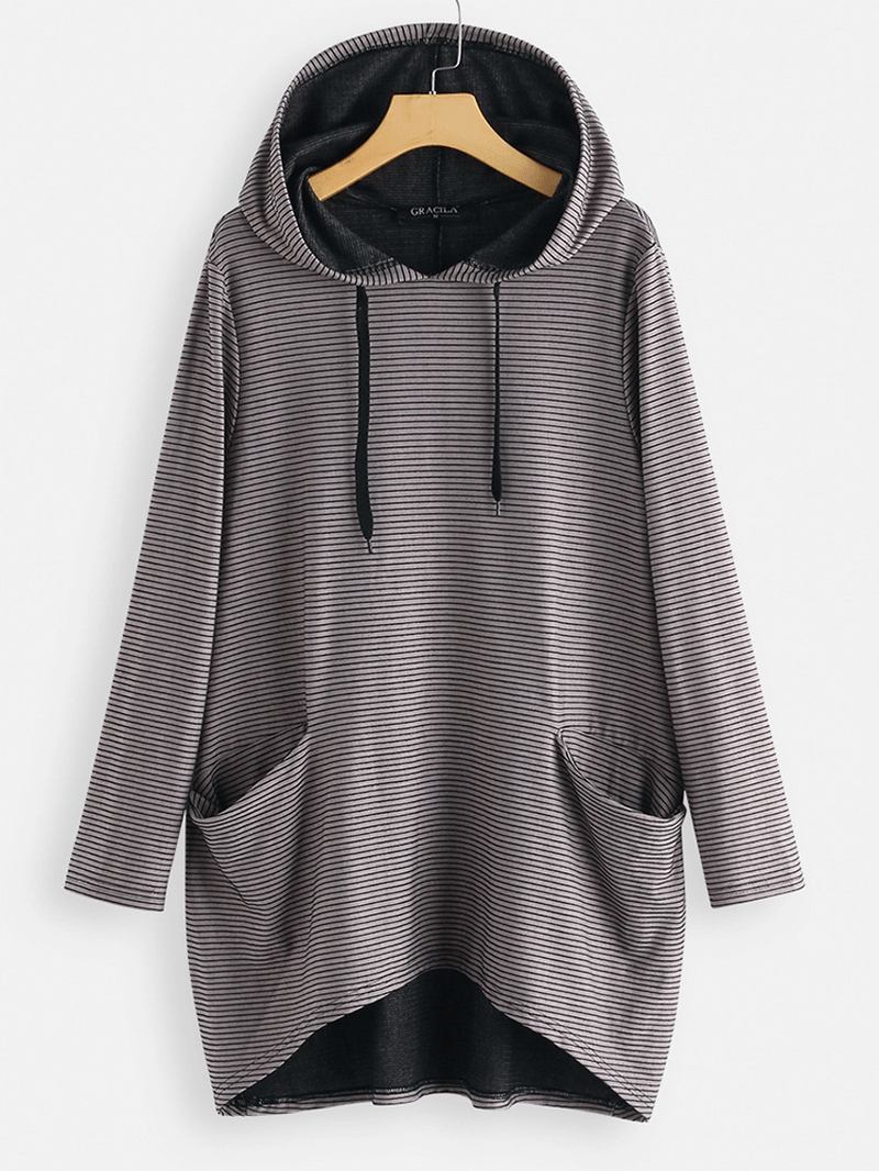 Pockets Stripe Irregular Long Sleeve Hoodie