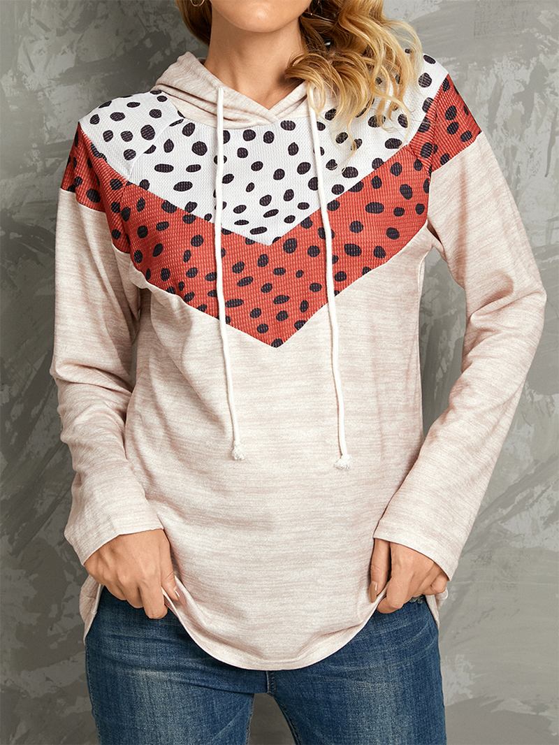 Polkadottryck Patchwork Casual Dragsko Långärmad Hoodies Med Rund Hals