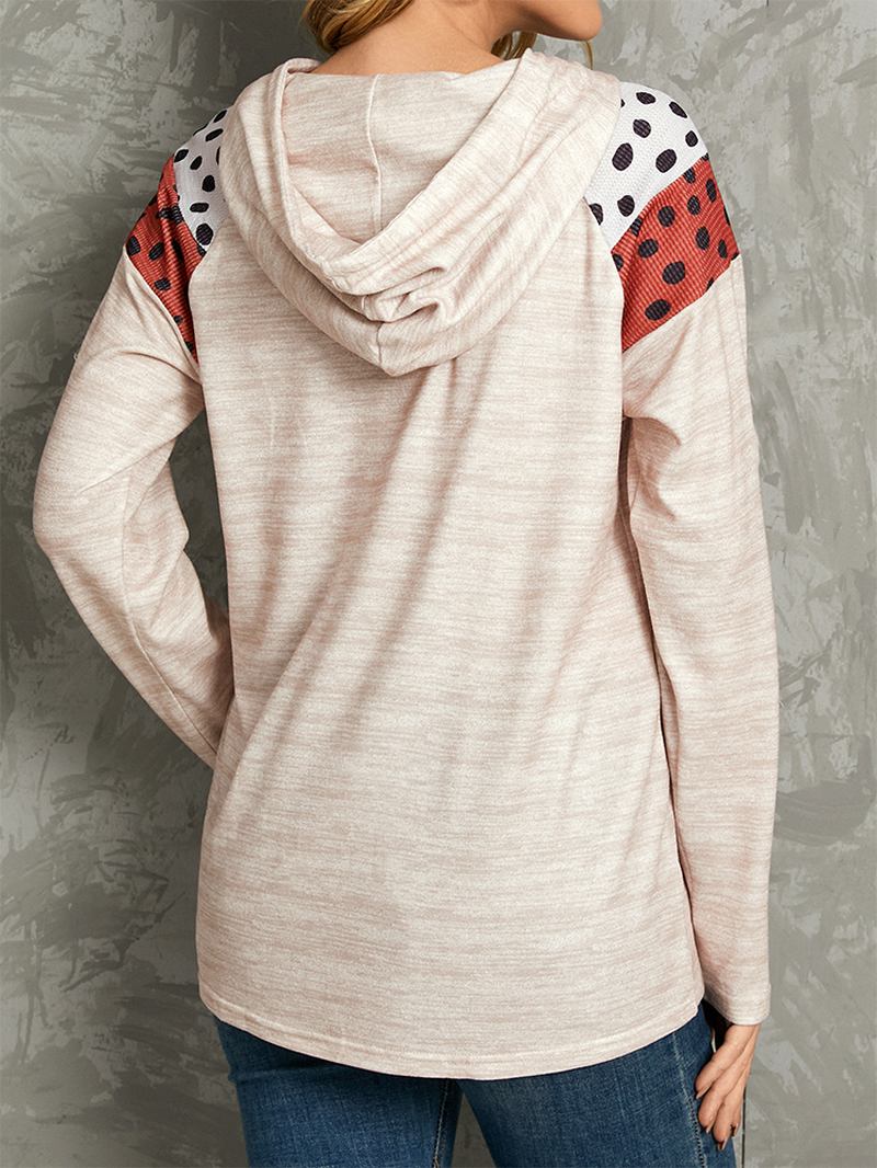 Polkadottryck Patchwork Casual Dragsko Långärmad Hoodies Med Rund Hals