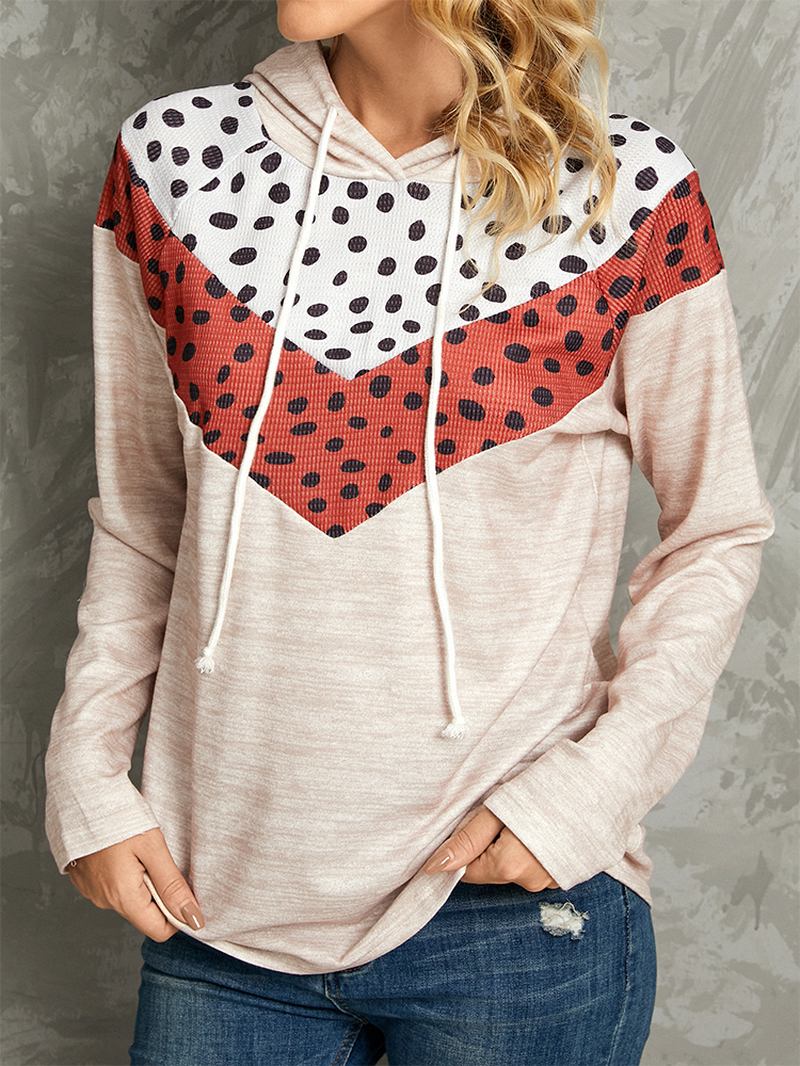 Polkadottryck Patchwork Casual Dragsko Långärmad Hoodies Med Rund Hals