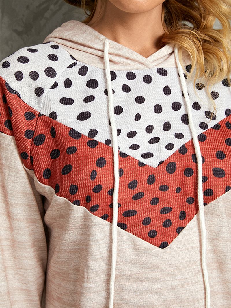 Polkadottryck Patchwork Casual Dragsko Långärmad Hoodies Med Rund Hals